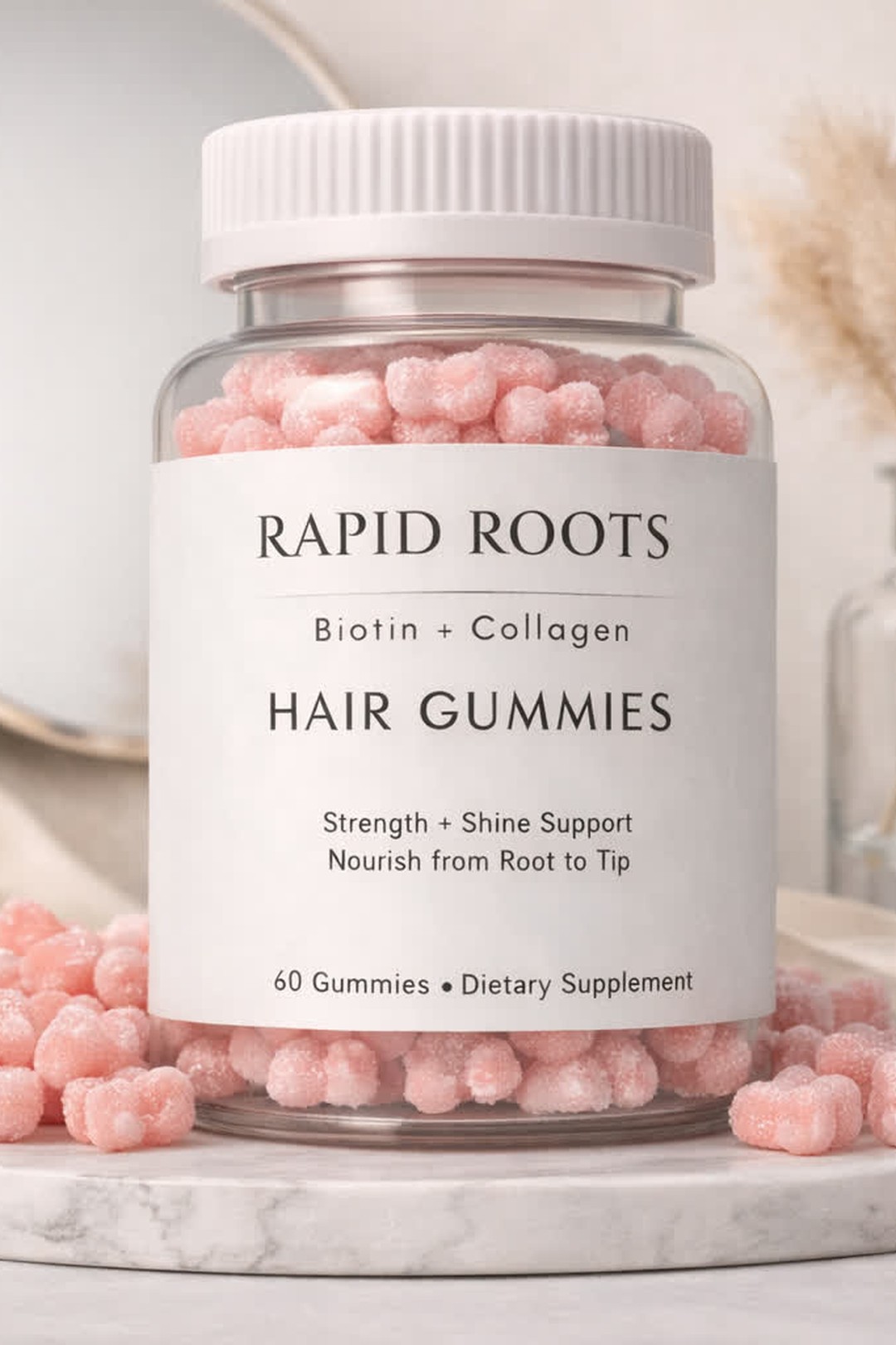 Loose Rapid Roots hair gummies on a marble slab beside a vanity mirror and silk ribbon.