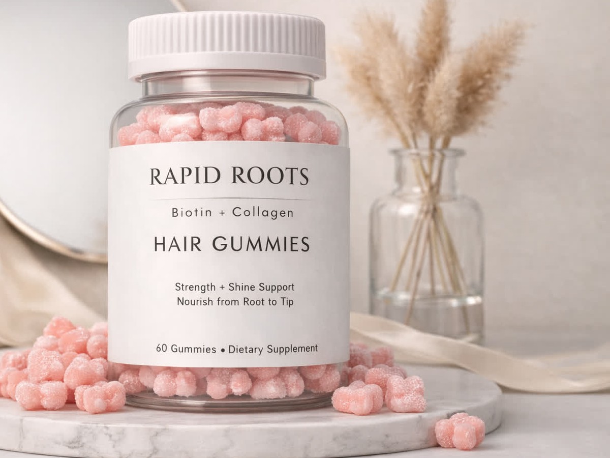 Rapid Roots gummies on a marble tray beside an apothecary vase and cream silk ribbon.